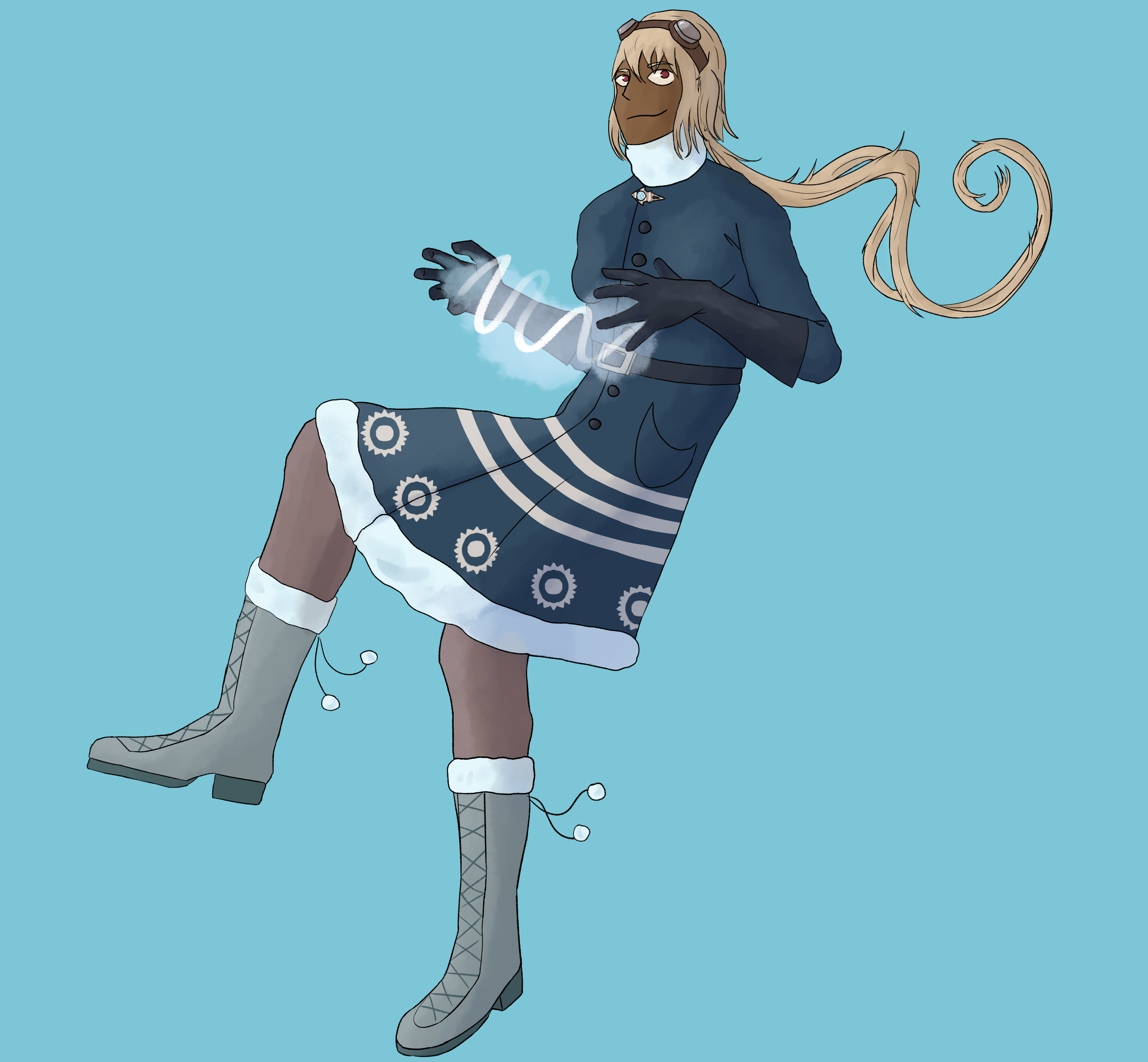 Digital art: Full-body view of a Genshin Impact fan character. She is floating in place with a pleased expression, wearing a thick blue coat and casting ice magic between her gloved hands.